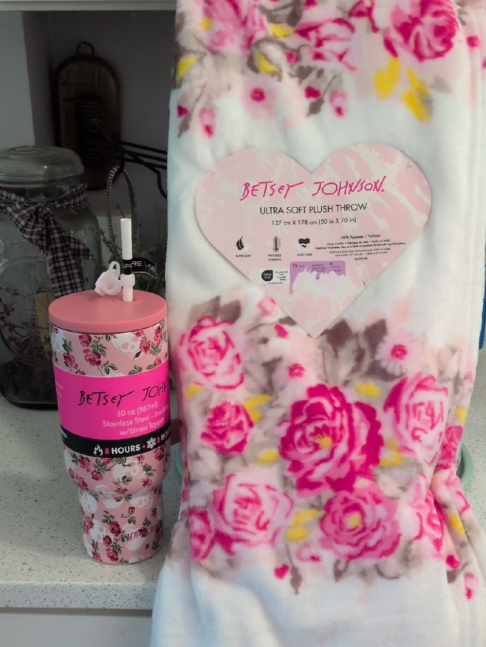 Betsey Johnson White Throw with Pink Floral Print/ 30 Oz Tumbler